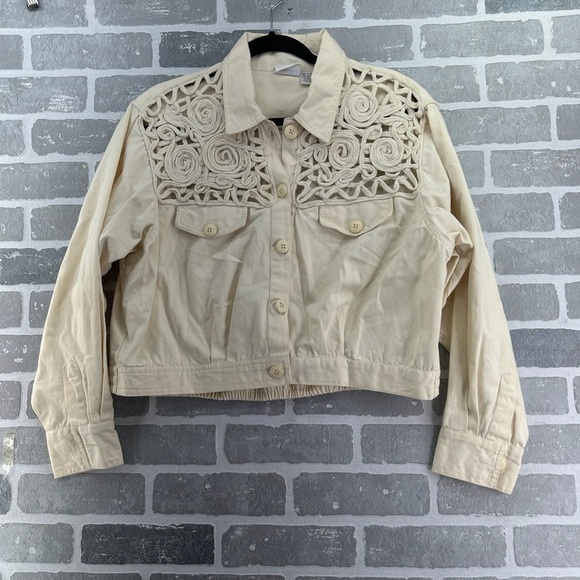 Styles To Go 90s Heavy Crochet Off White Denim Jacket Size Large - Picture 1 of 4